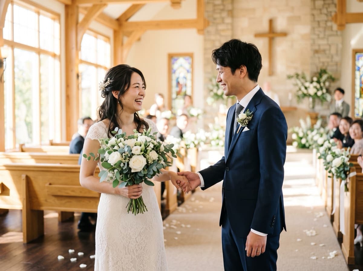 チャペルで向かい合う新郎新婦