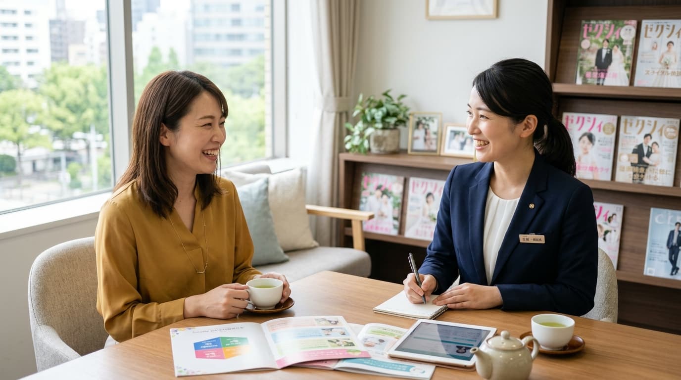 コーディネーターが資料を見ながら相談に乗っている様子