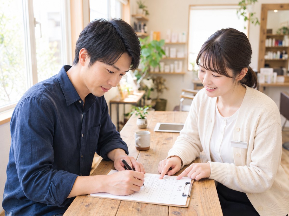 申込書類を記入するお客様と、寄り添ってご案内するスタッフ