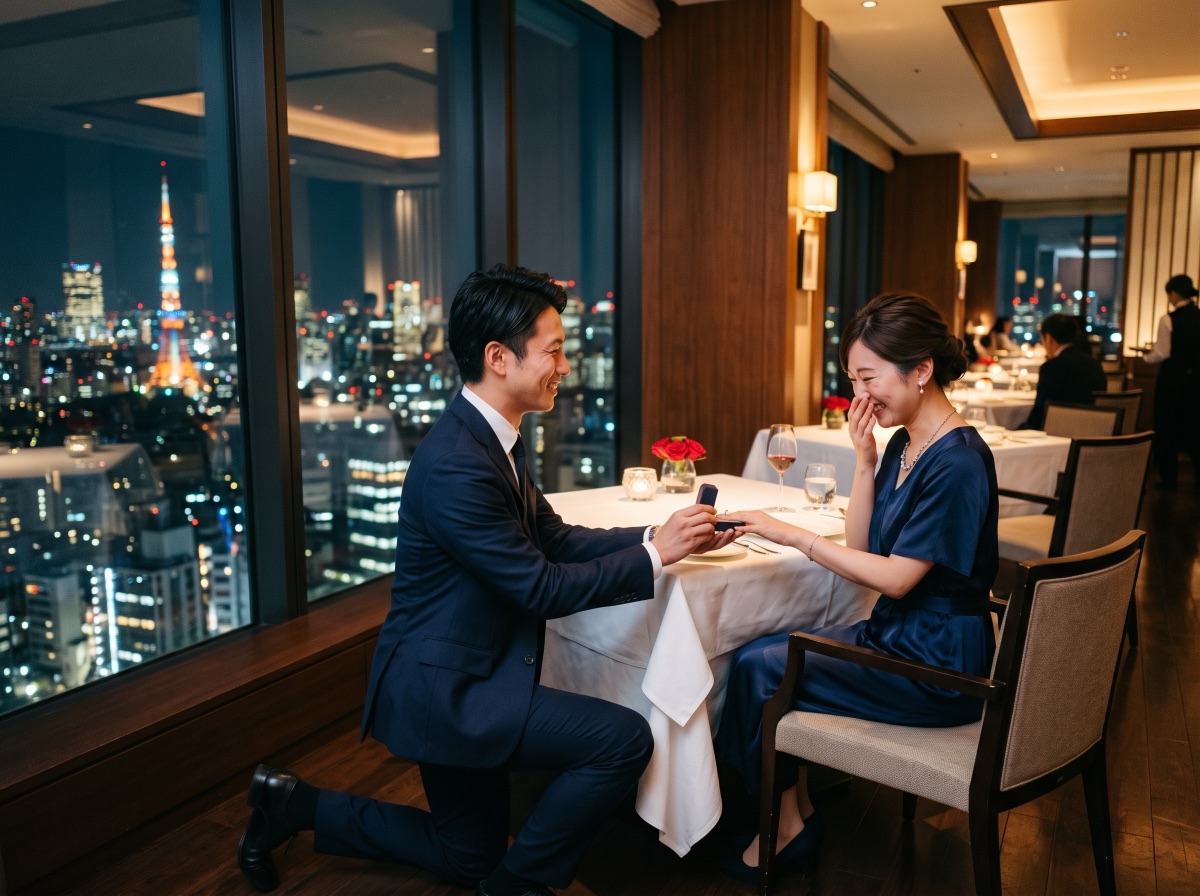 夜景のレストランでのプロポーズ
