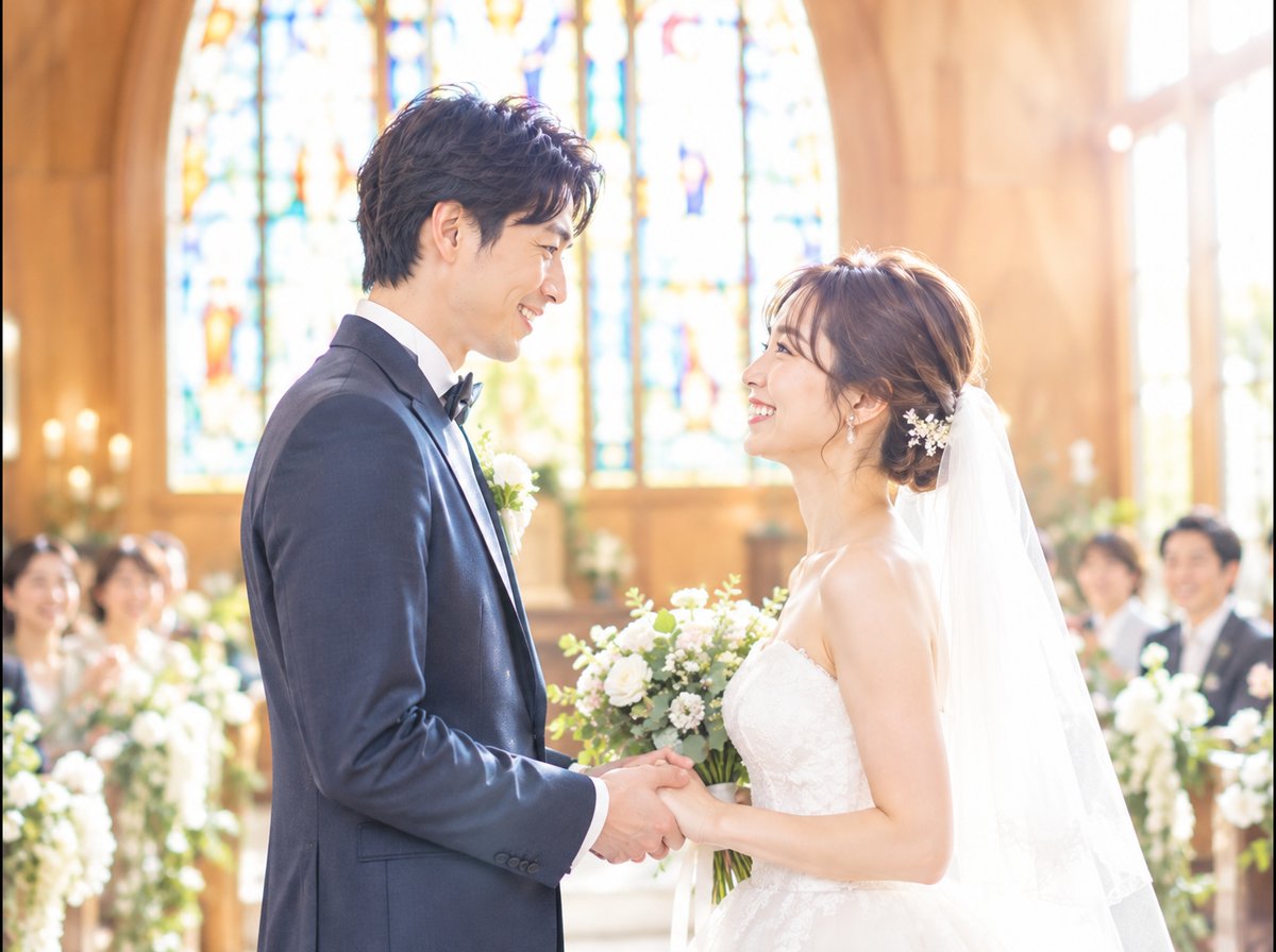 チャペルで微笑み合う新郎新婦